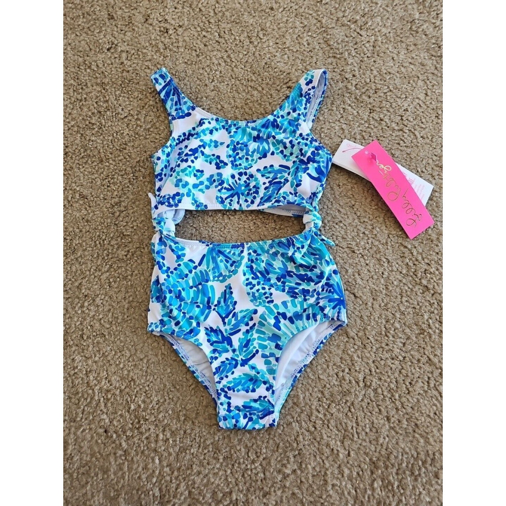 Lilly Pulitzer Girls Evalina Swimsuit Shell Me You Size 3 UPF 50+